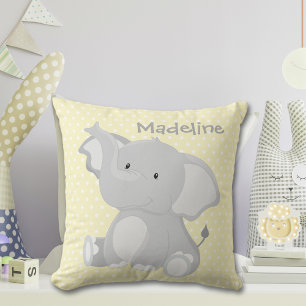Coussin Bébé mignon Eléphant Jaune Polka-Dot Monogramme