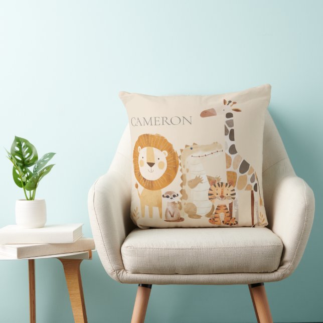 Coussin Bébé mignon Zoo Animaux Personnalisé Nom Beige (Chaise)