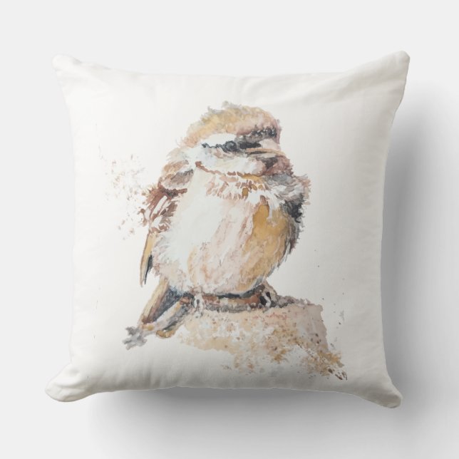 Coussin Bébé Moineau à l'aquarelle avec des plumes ébourif (Recto)
