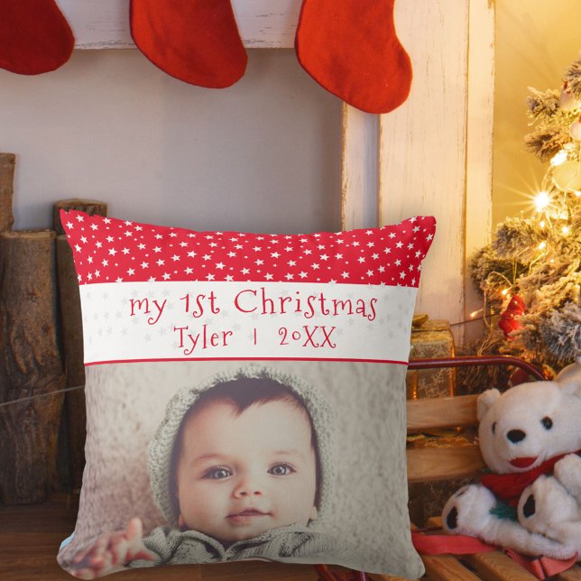 Coussin Bébé mou`s 1`st Noël Étoiles rouges Photo Bébé (Créateur téléchargé)