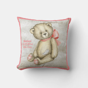Coussin Bébé Ours rose Ruban Aquarelle Bébé Fille Vintage