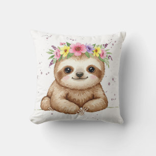 Coussin Bébé paresseux avec couronne de fleurs