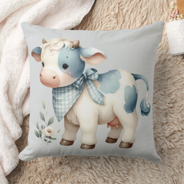 Coussin Bébé vache à carreaux bleus esthétique de ferme pa (Couverture)