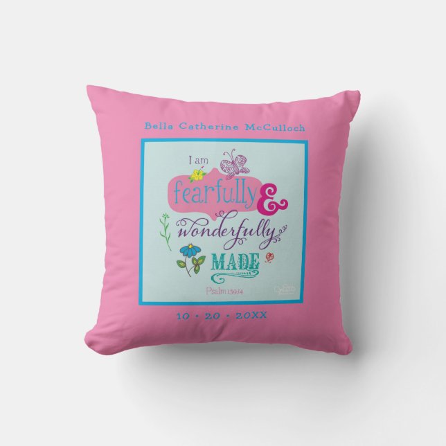 Coussin Bébée adorable Bible personnalisée Verse rose (Recto)