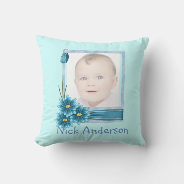 Coussin Bébés 1er Noël Bleu marguerite Photo bébé (Recto)