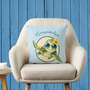 Coussin Bébés tortues de mer mignonnes avec des fleurs tro
