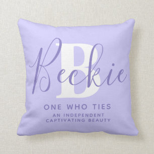 Coussin Beckie texte bleu pourpre nom signifiant lancer l'