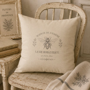 Coussin Beige Chaud Gravure de Pays Français Vintage Abeil