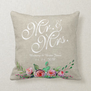 Coussin Beige Linen Rustic Floral M. Mme Mariage