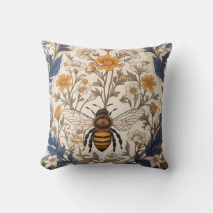 Coussin Belle abeille florale vintage jaune et bleue
