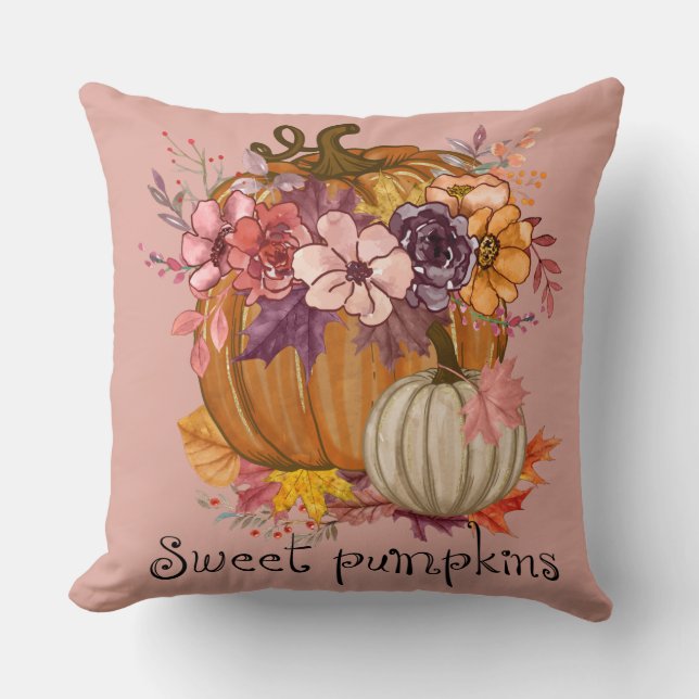 Coussin Belle Aquarelle rose Citrouille et Fleurs d'automn (Recto)