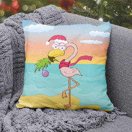 Coussin Belle caricature Flamingo de Noël sur la plage