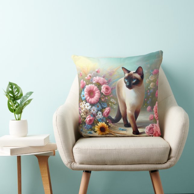 Coussin Belle chat et fleurs siamois (Chaise)