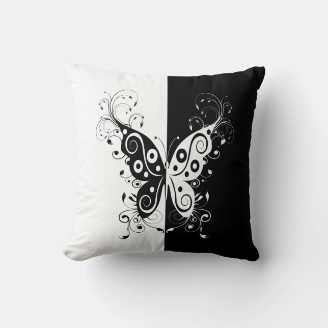 Coussin Belle élégante tourbillons papillon noir et blanc (Recto)