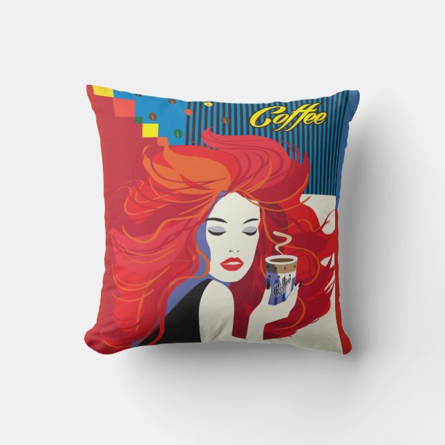 Coussin Belle Fashion Woman and Coffee Cup POP-ART (Recto)