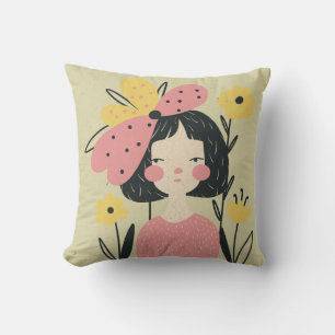 Coussin belle femme avec une fleur rose	