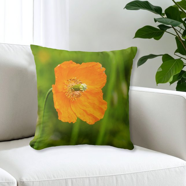 Coussin Belle Fleur de Pavot Orange Été Photo Vert (Créateur téléchargé)