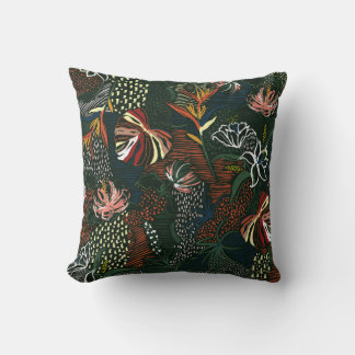Coussin Belle fleur rétro dessinée à la main, palme tropic