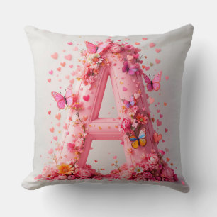 Coussin Belle lettre A rose décorée de fleurs