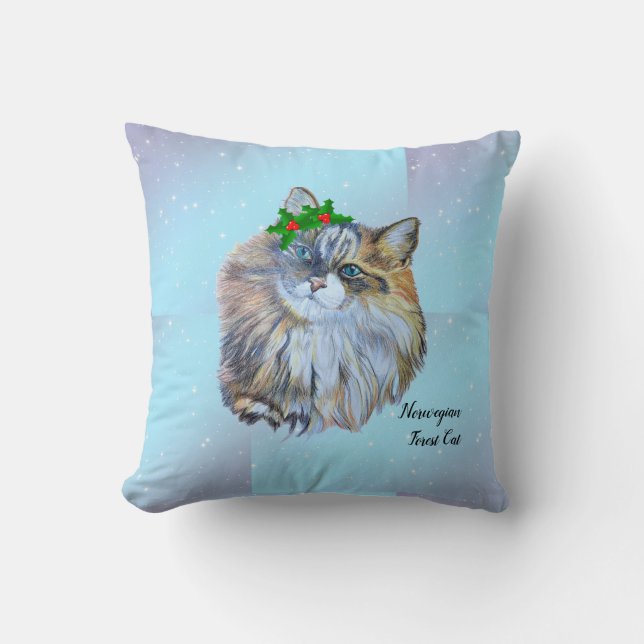 Coussin Belle Noël Forêt Norvégienne Chat Holly    (Recto)