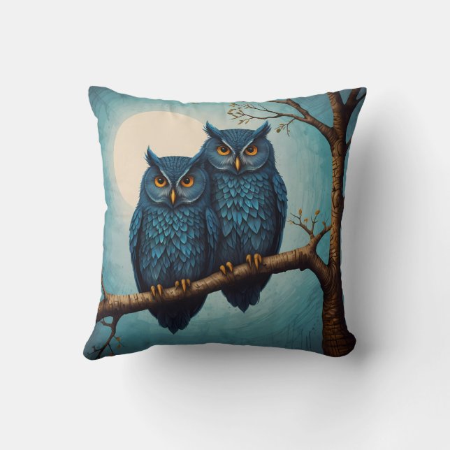 Coussin Belle paire bleue de chouettes assise sur une bran (Verso)