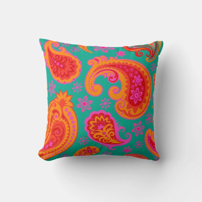 Coussin Belle Paisley| rouge orange turquoise (Recto)
