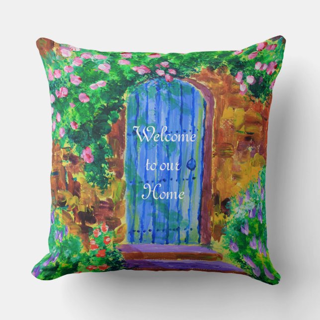 Coussin Belle porte en bois bleue à la roseraie secrète (Recto)