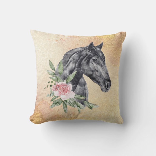 Coussin Belle tête de cheval noir Portrait d'aquarelle (Recto)