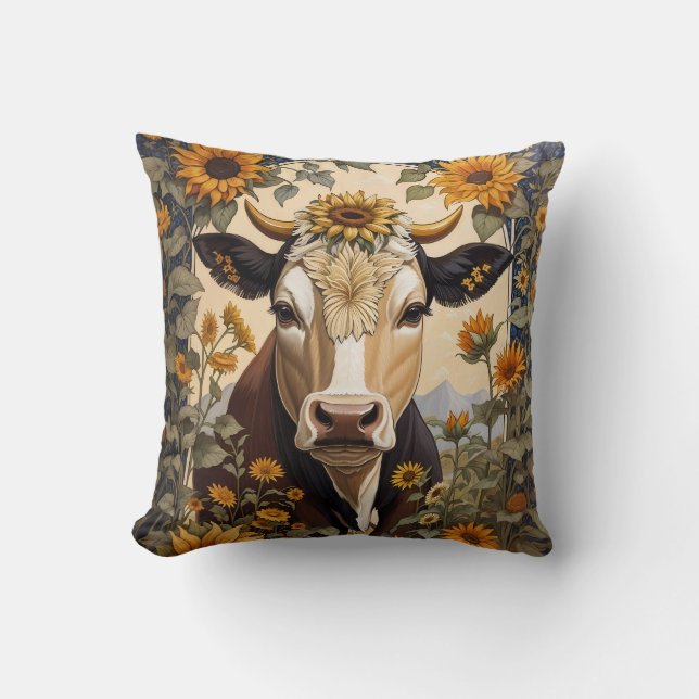 Coussin Belle Vache de campagne tournesol décoratif (Recto)
