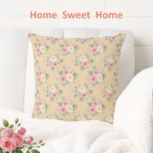 Coussin Belles Fleurs de Couleur Pastel sur Fond Beige