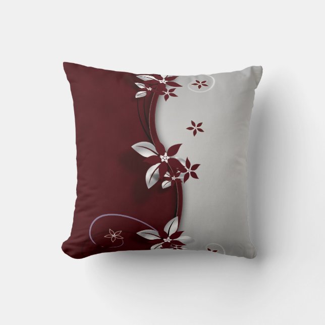 Coussin Belles fleurs de couleur rouge foncé et gris argen (Recto)
