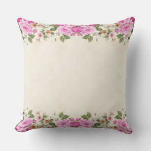 Coussin Belles fleurs roses sur champagne clair beige