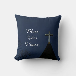 Coussin Bénis cette maison brillant Croix Bleu Carré