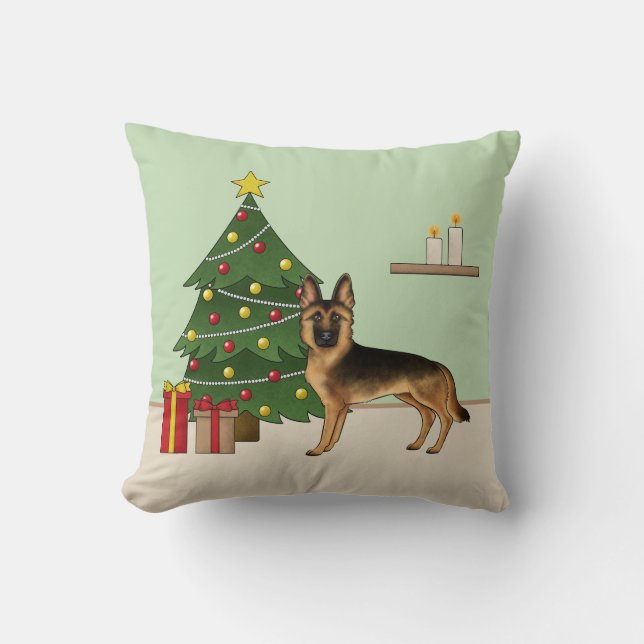 Coussin Berger Allemand Noir Et Tan Et Arbre De Noël (Recto)