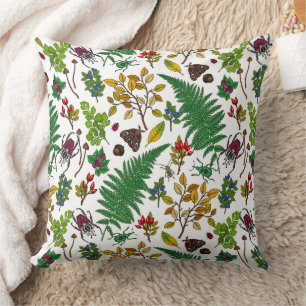 Coussin Berries forestières, feuilles et buissons sur blan
