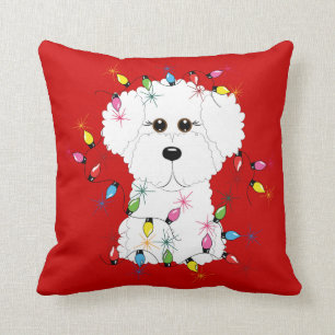 Coussin Bichon Frise avec le carreau de lumières de Noël