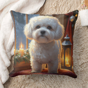 Coussin Bichon Frise avec lumières de Noël vacances