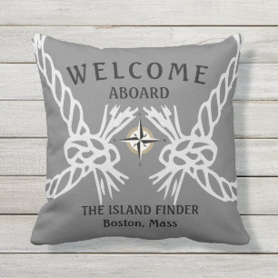 Coussin Bienvenue à bord des bateaux Nom gris et blanc