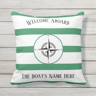 Coussin Bienvenue à bord des bateaux Nom Sea Green Stripe