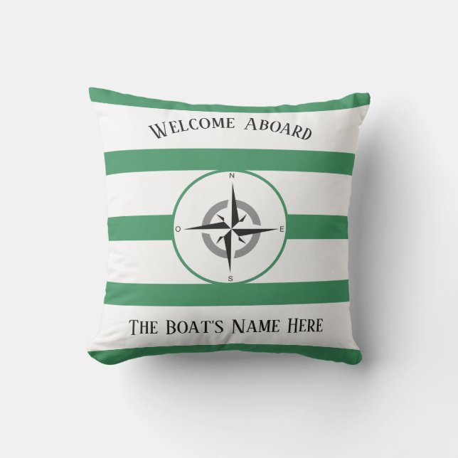 Coussin Bienvenue à bord des bateaux Nom Sea Green Stripes (Recto)