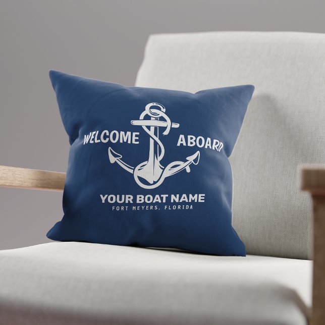 Coussin Bienvenue à bord Nautical Navy Blue Boat Nom (Créateur téléchargé)