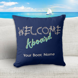 Coussin Bienvenue à bord Nom du bateau Bleu marine foncé N