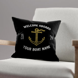 Coussin Bienvenue à bord personnalisé Nom du bateau Noir &
