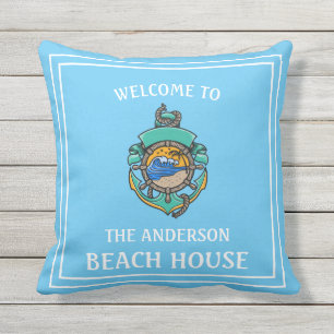 Coussin Bienvenue À N'Importe Quel Nom Beach House Sky Blu