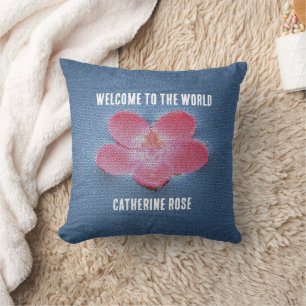Coussin Bienvenue au monde Fleur rose Eau bleue Floral