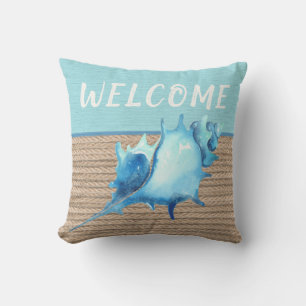 Coussin Bienvenue Corde d'aquarelle de crabe bleu coquille