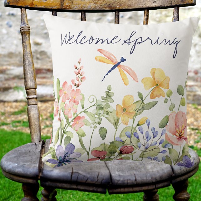Coussin Bienvenue Printemps avec Fleurs sauvages et libell (Créateur téléchargé)