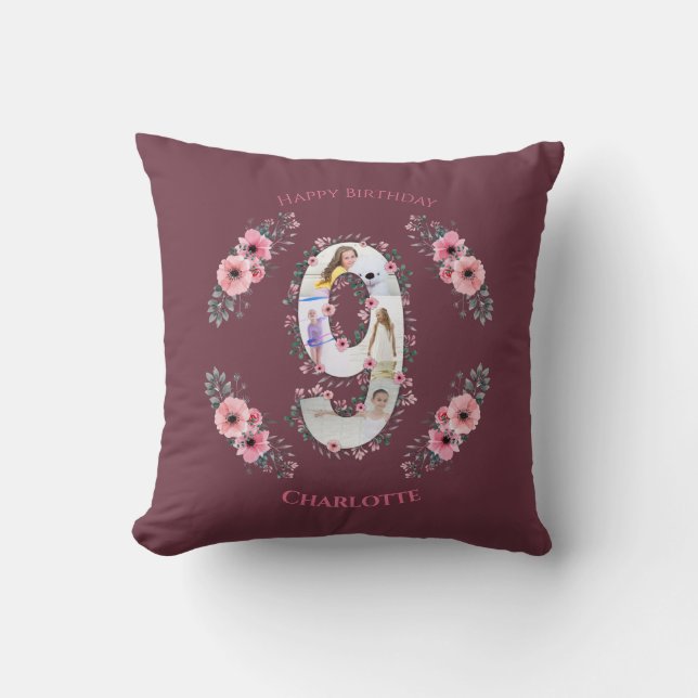 Coussin Big 9th Birthday Girl Photo Collage Fleur rose (Recto)