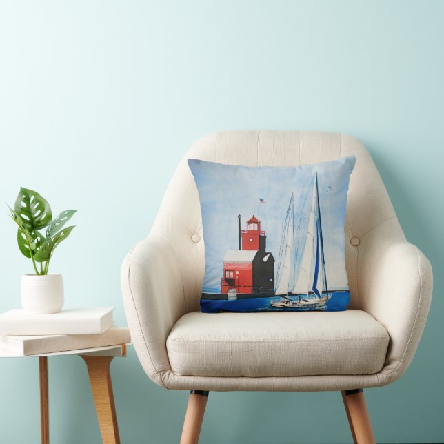 Coussin Big Red Michigan Lighthouse and Sailboat (Chaise)