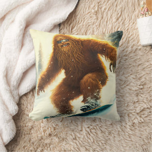 Coussin Bigfoot hirsute en snowboard AI Yéti Pente enneigé